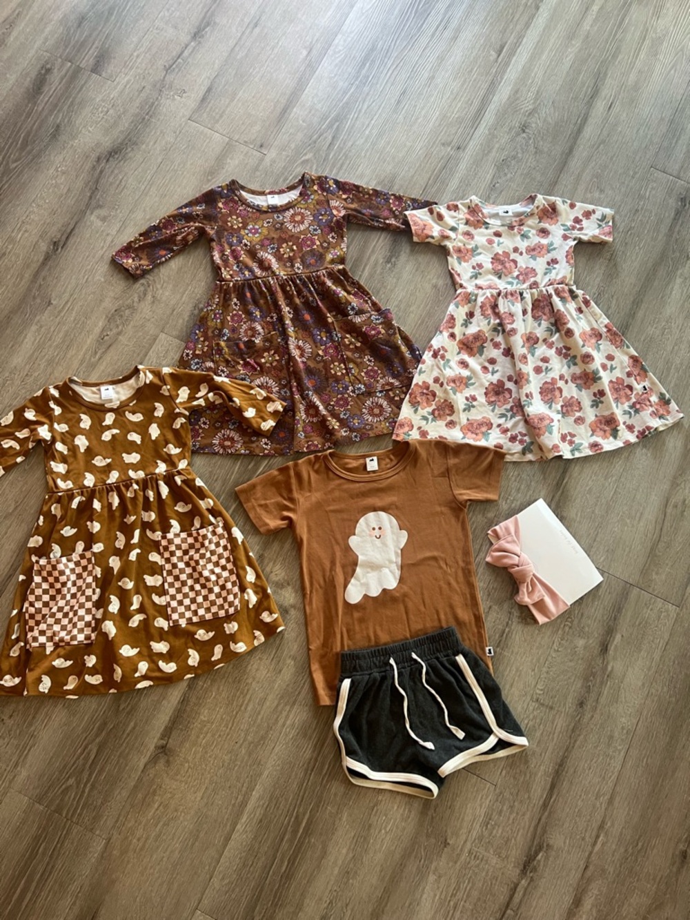 Girls Casual Floral & Solid Dress Set in Rust, Brown, Cream